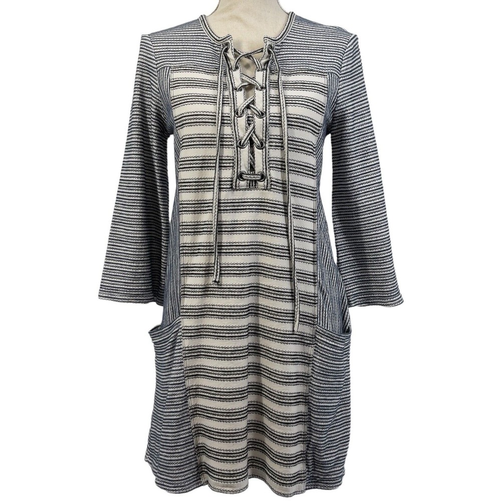 BCBGMaxAzria Lani Lace Up Front Embroidered Striped Knit Tunic Dress Womens S